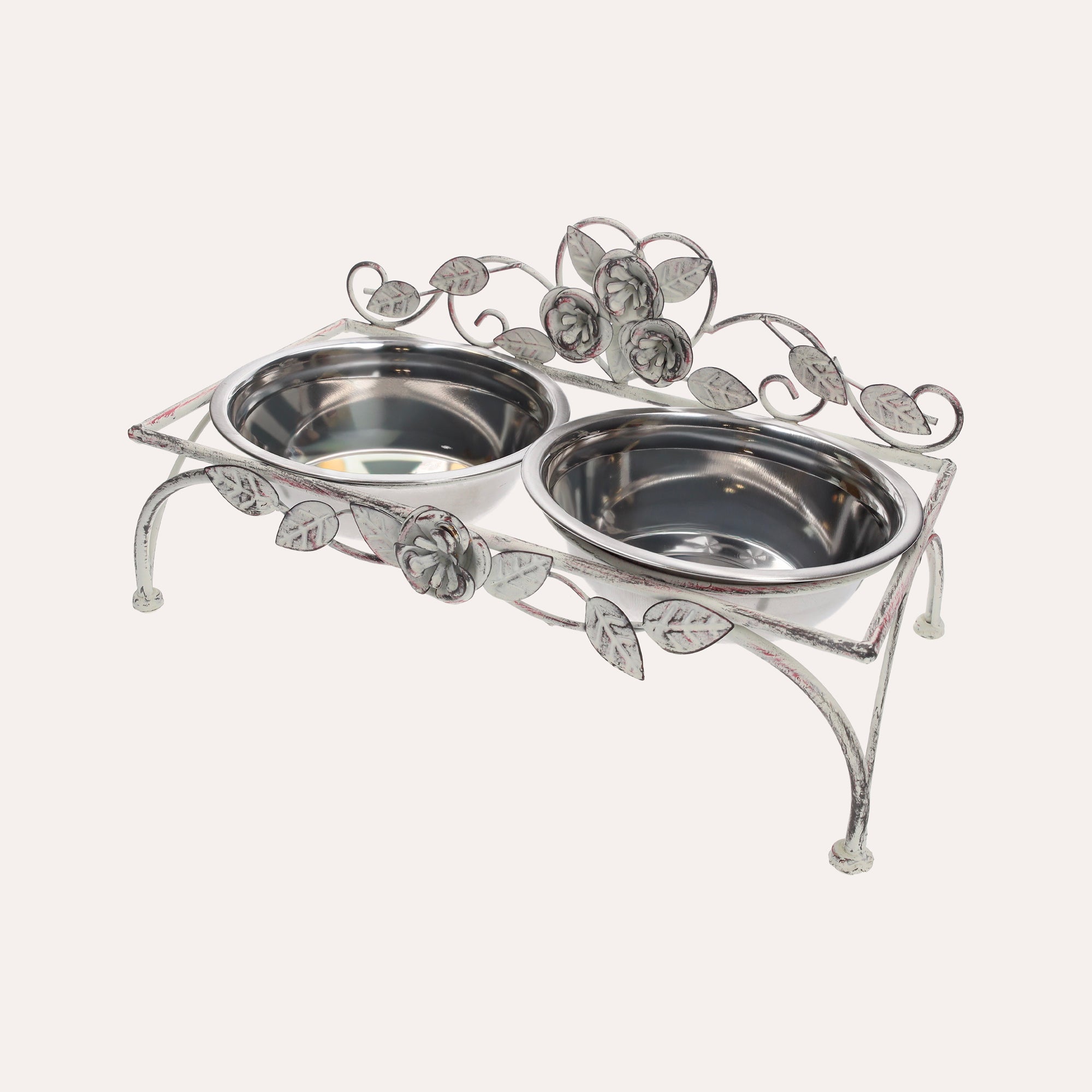 Stainless Steel Bowl Set with Rose-Decorated Stand