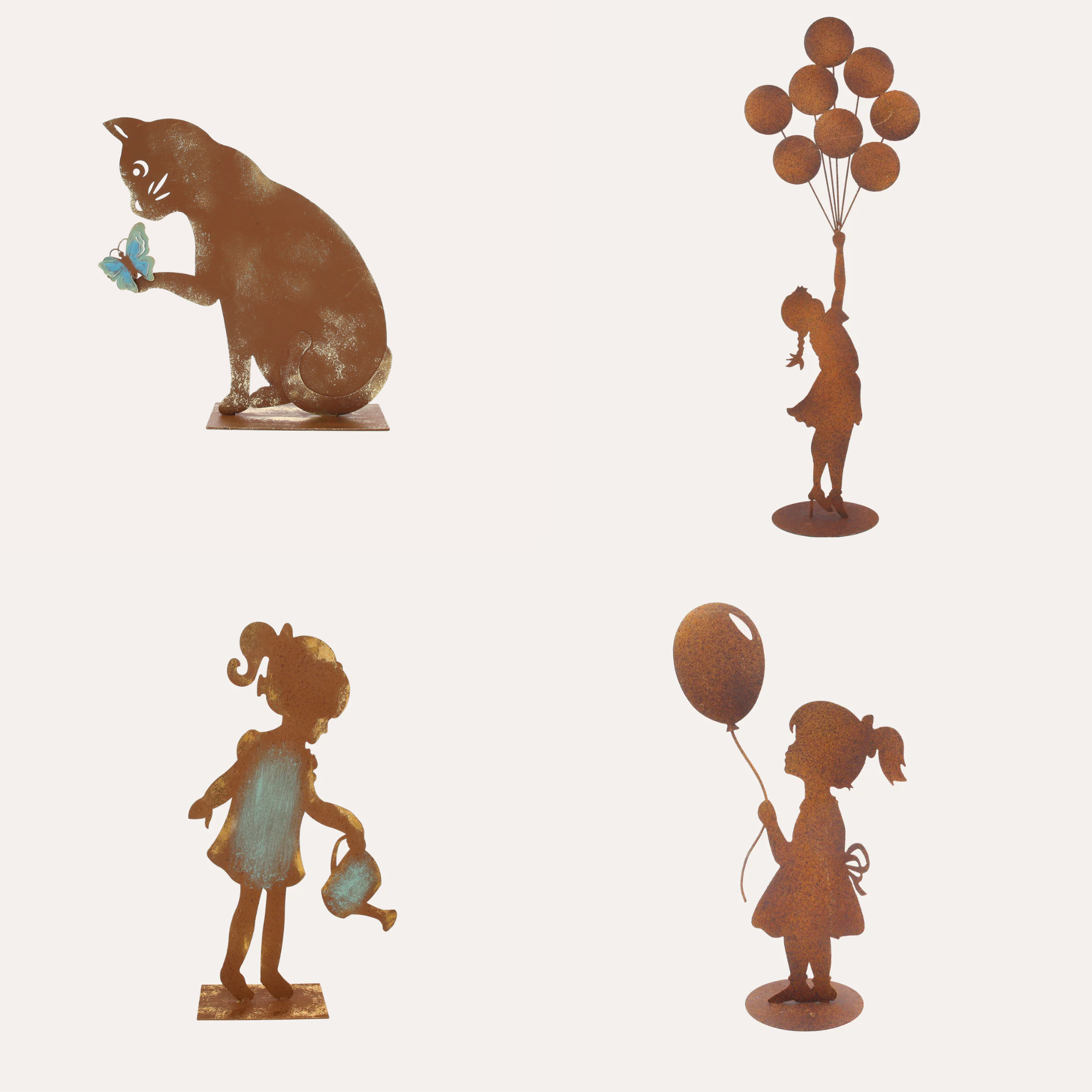 Corten Iron Girls and Cat Set - 4 Decorative Sculptures